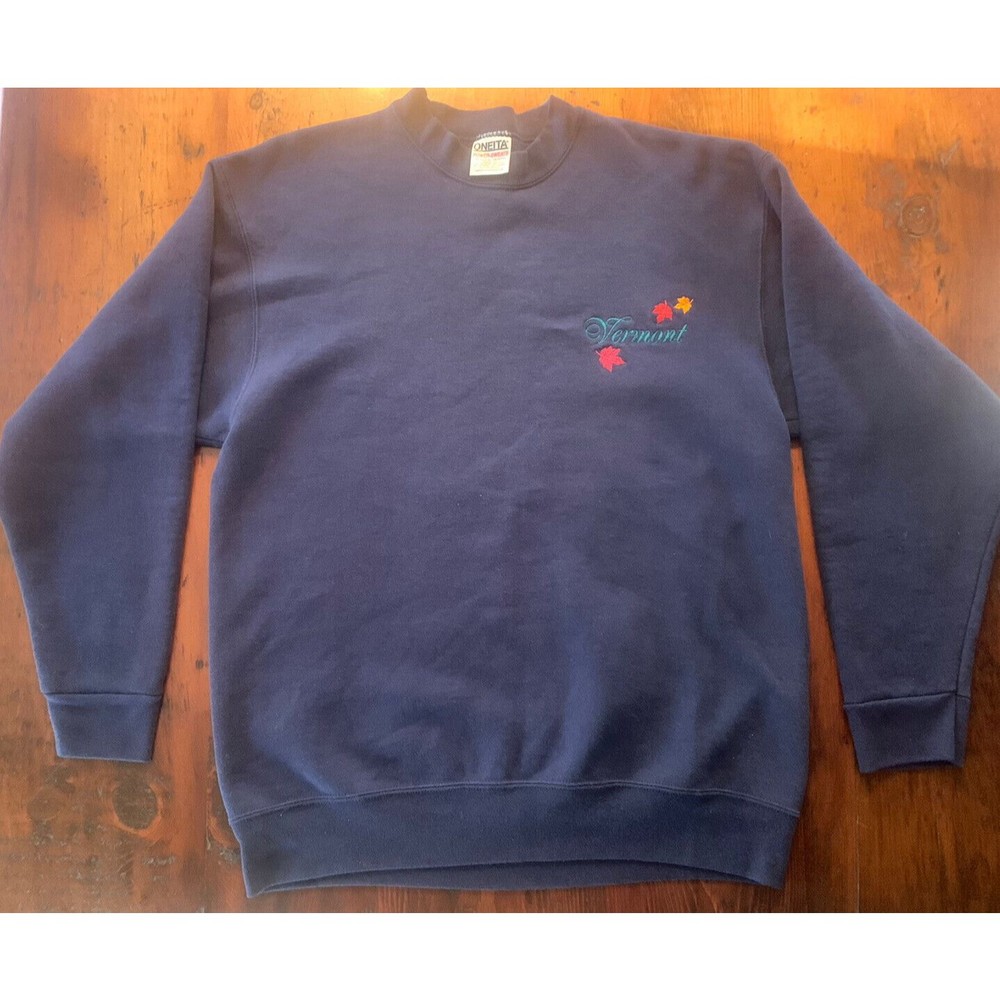 Vintage Vermont Autumn Fall Leaves Crew Neck Sweatshirt Navy Blue Sz Large